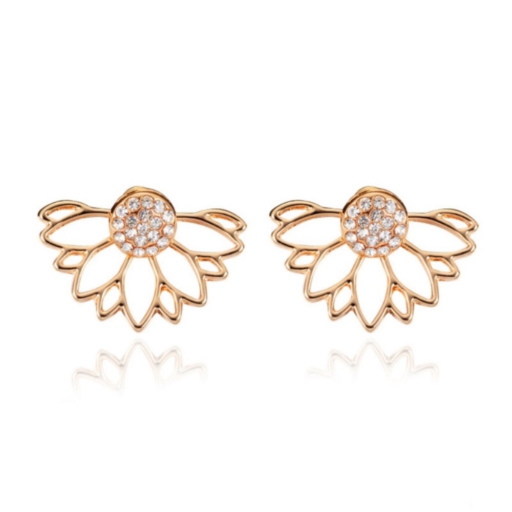❗️NEW❗️Beautiful Gold Lotus Earrings w/ Rhinestone - Picture 2 of 7